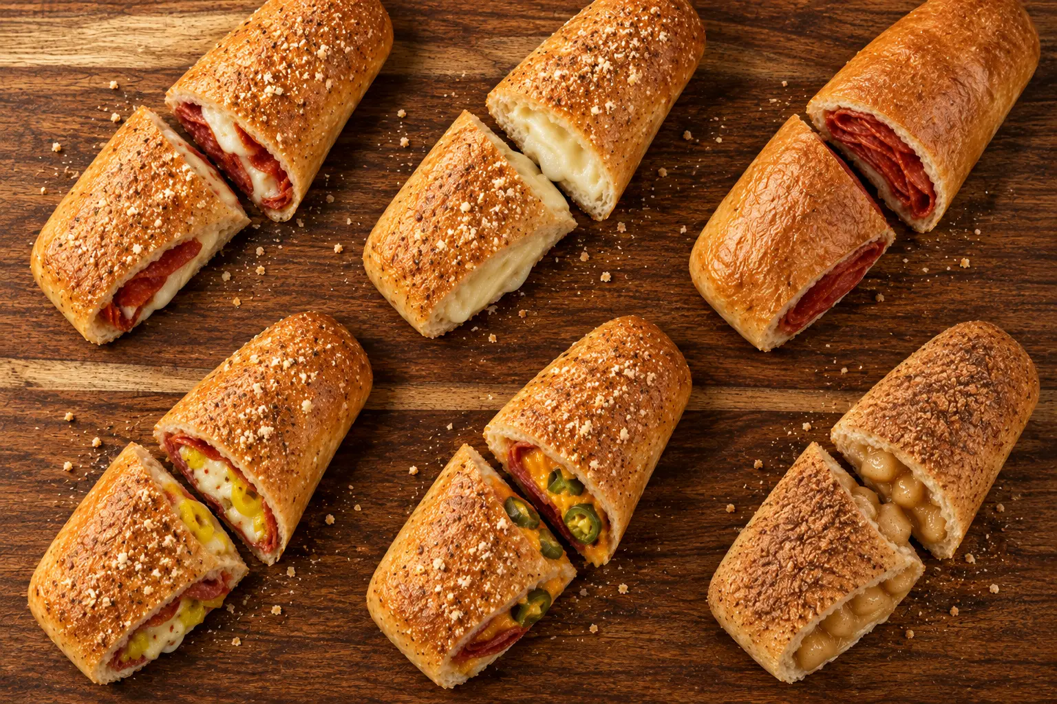 Pepperoni Rollers arranged on a wooden serving board